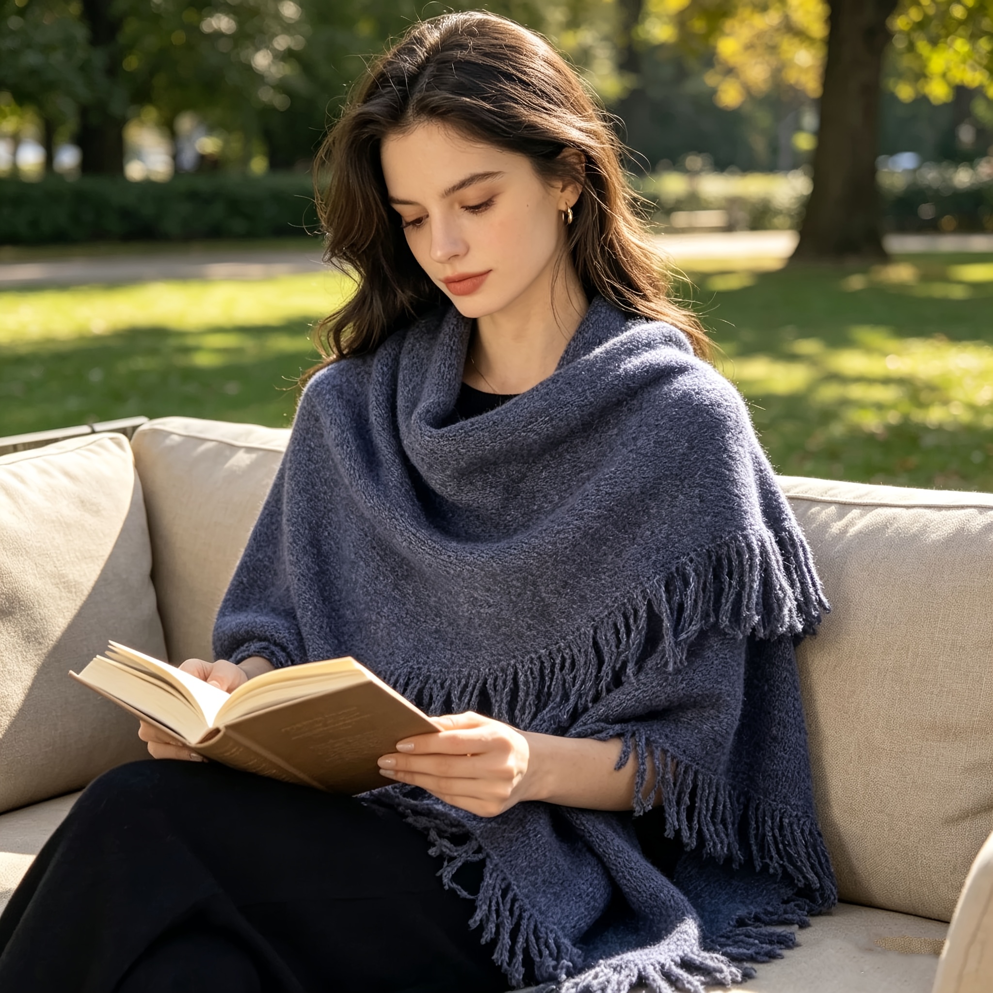 Fringed Triangle Shawl, Solid Color Scarf for Autumn/Winter